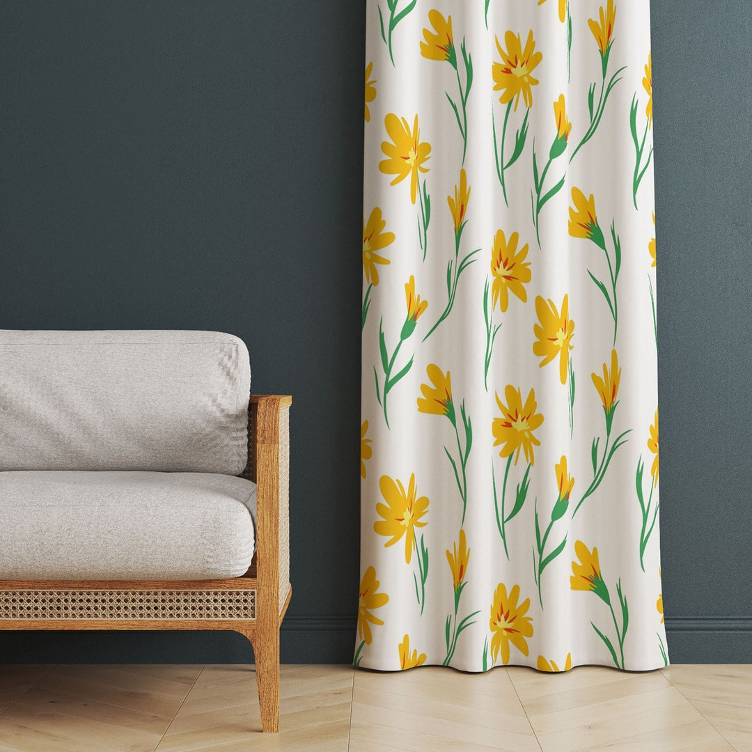 Yellow Floral Curtain|Decorative Thermal Insulated Floral Window Treatment|Flower Painting Home Decor|Leaf Decor|Rustic Living Room Curtain