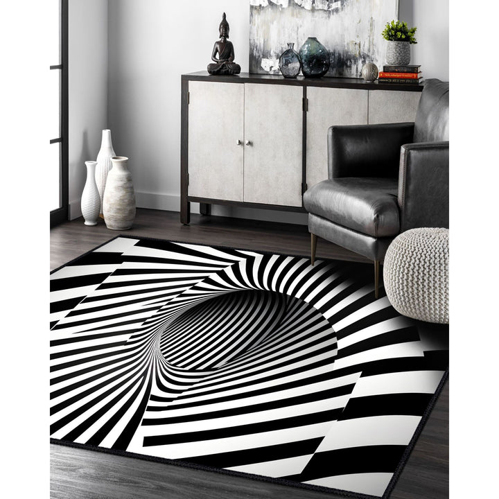 Optical Illusion Rug|Geometric Carpet|Black White 3D Illusion Area Rug|Machine-Washable Rug|Abstract Multi-Purpose Non-Slip Carpet