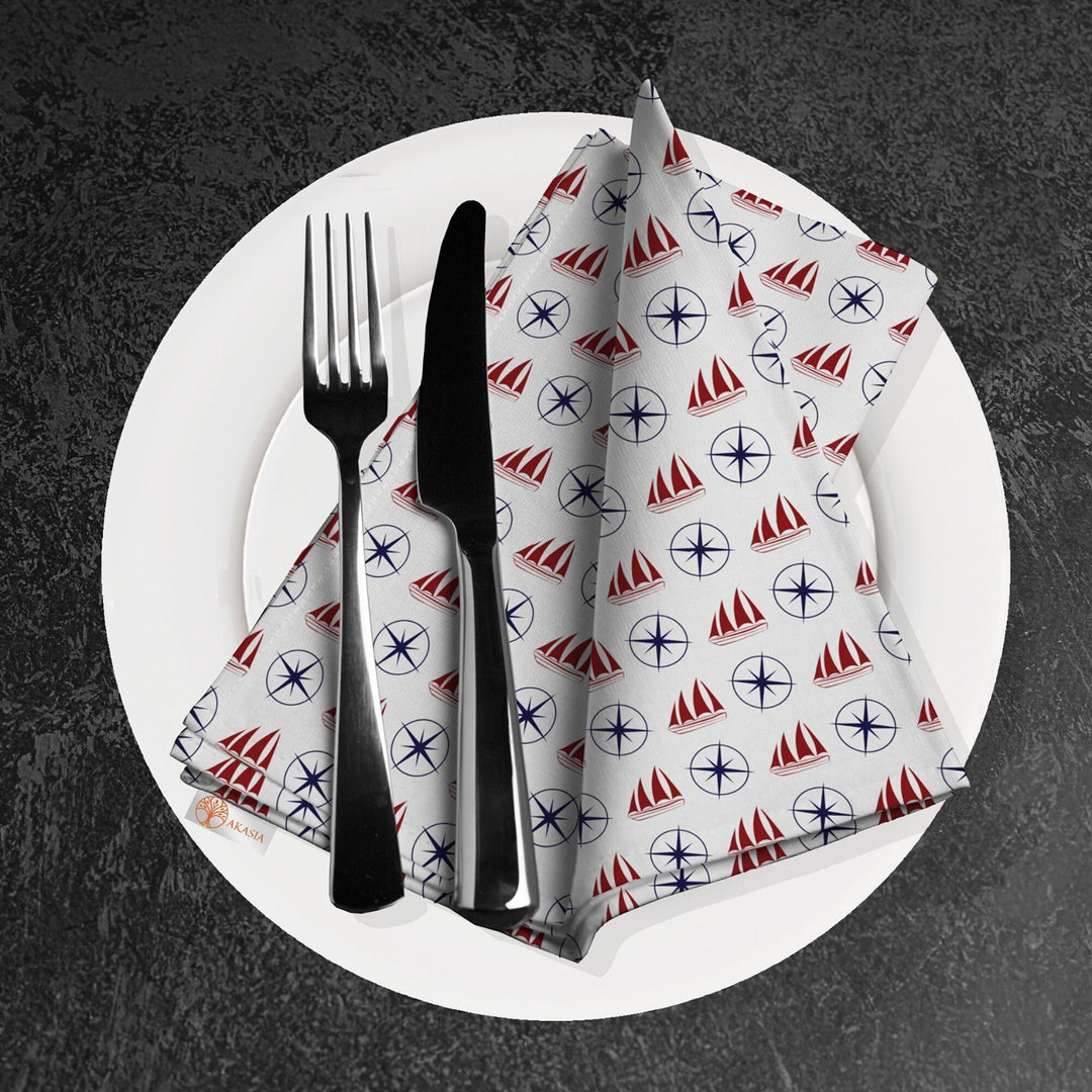 Nautical Fabric Napkin|Fish, Compass and Anchor Print Napkin|Wheel, Shark Cloth Serviette|Beach House Table Decor|Coastal Tableware