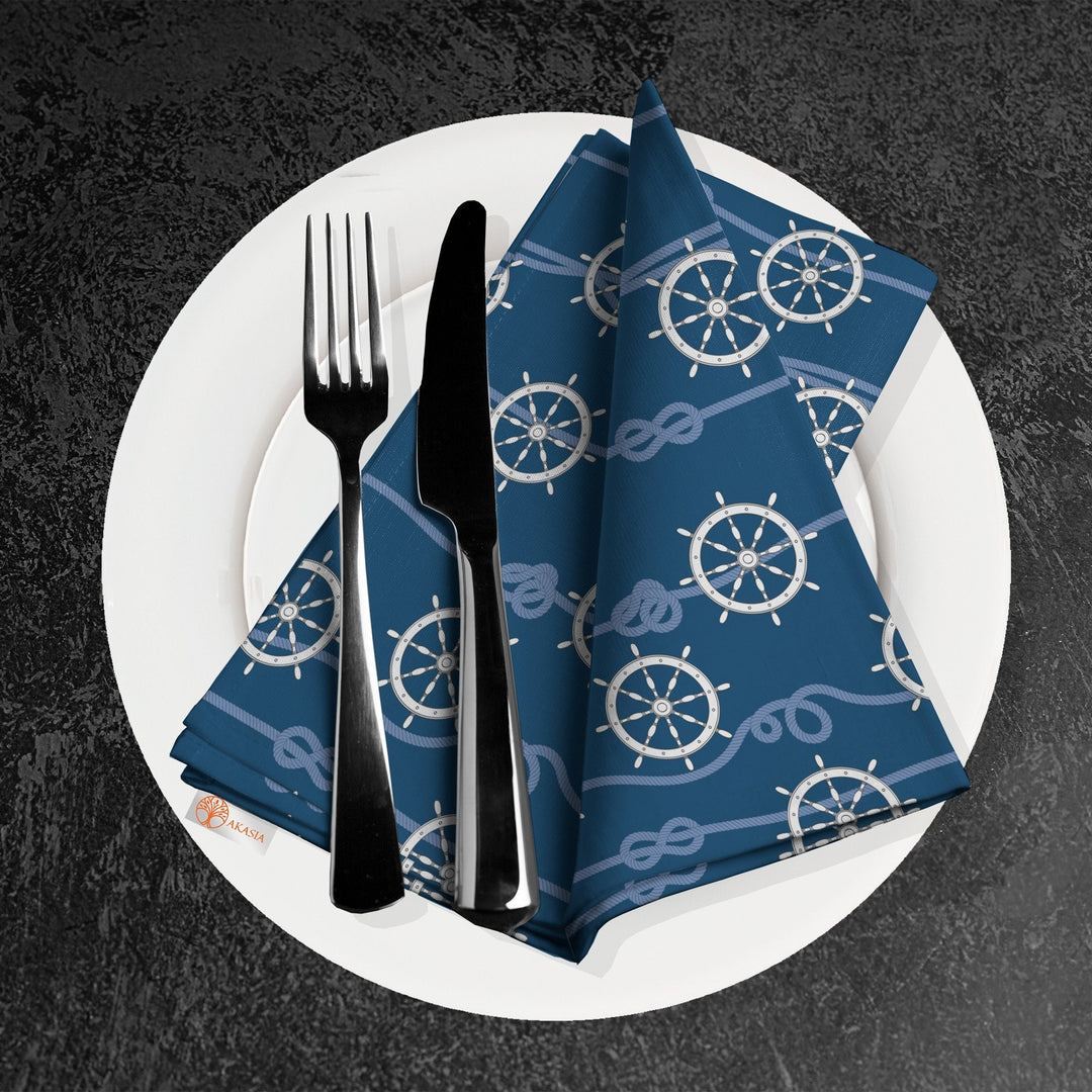 Nautical Fabric Napkin|Wheel, Anchor and Compass Print Napkin|Sailor Rope Print Cloth Serviette|Beach House Table Decor|Coastal Tableware