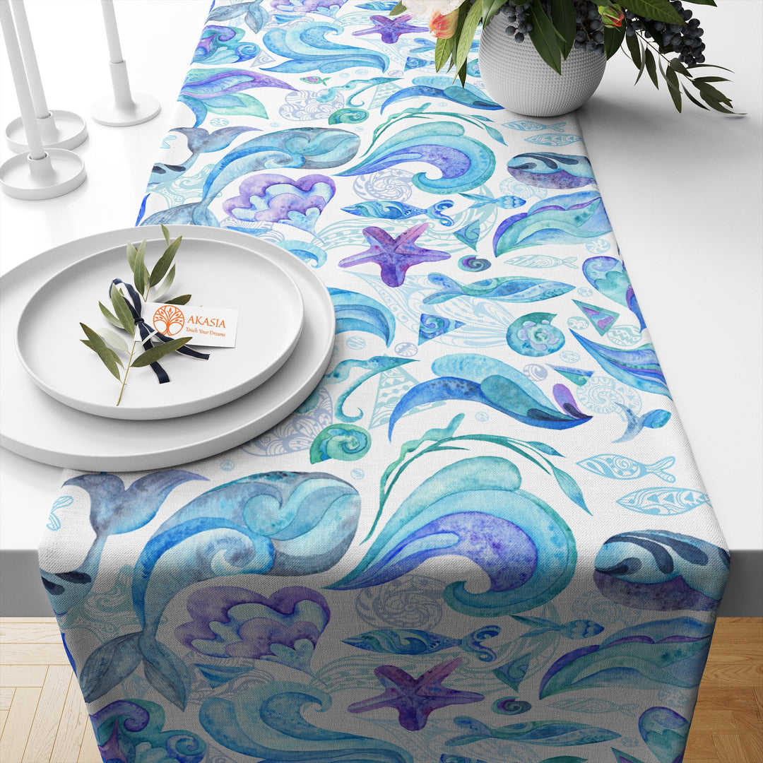 Beach House Runner|Fish Kitchen Decor|Decorative Table Top|Starfish Table Top|Whale Home Decor|Starfish Tablecloth|Coastal Runner