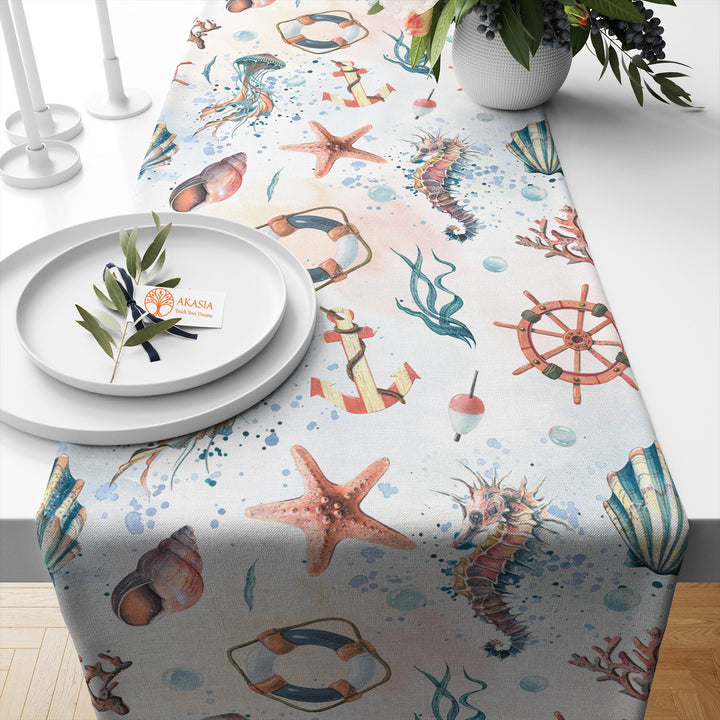 Beach House Runner|Sea Turtle Decor|Decorative Table Top|Caretta Table Top|Nautical Home Decor|Starfish Tablecloth|Coastal Runner