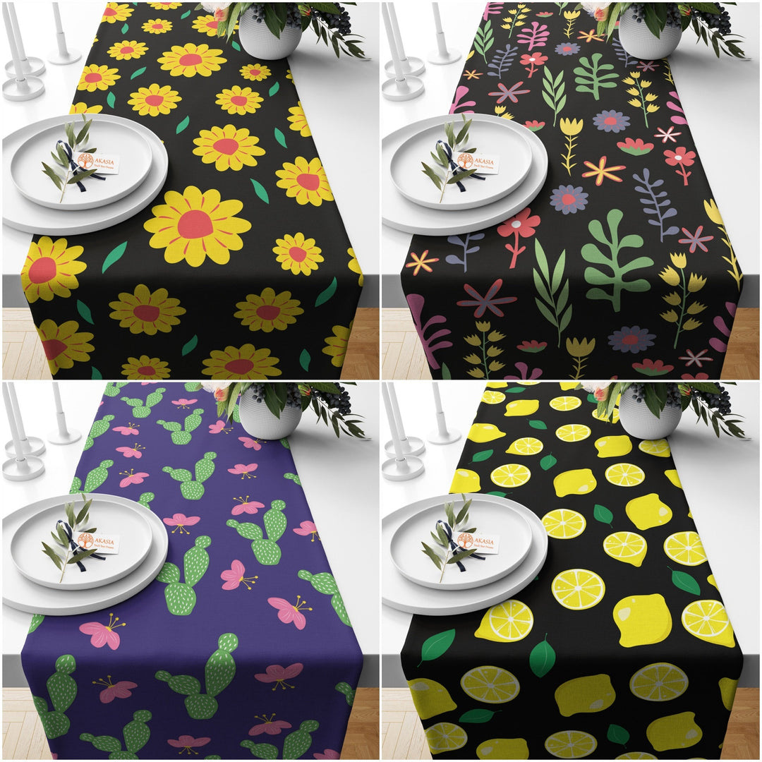 Floral Table Runner|Abstract Flower Tablecloth|Decorative Tabletop|Summer Home Decor|Farmhouse Kitchen Decor|Housewarming Lemon Table Cloth