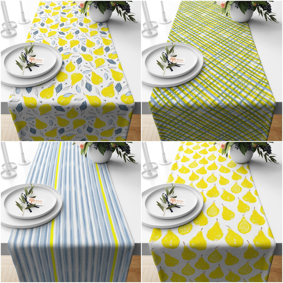 16x50 Pear Table Runner|Fruit Table Top|Floral Home Decor|Farmhouse Kitchen Tablecloth|Summer Tablecloth|Striped Tabletop