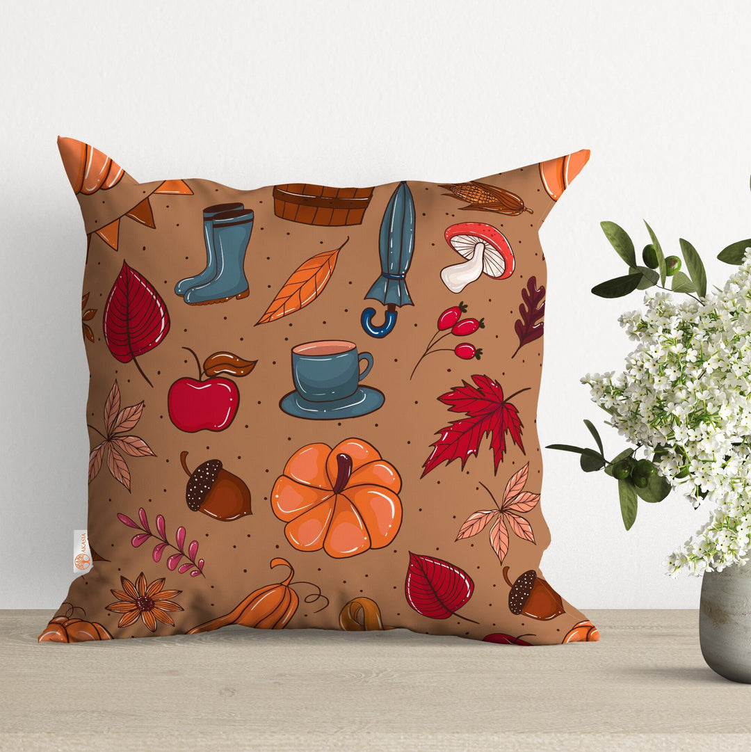 Fall Pillow Case|Autumn Pillow Cover|Pumpkin Cushion Case|Dry Leaves Pillowtop|Boho Bedding Decor|Outdoor Cushion Cover