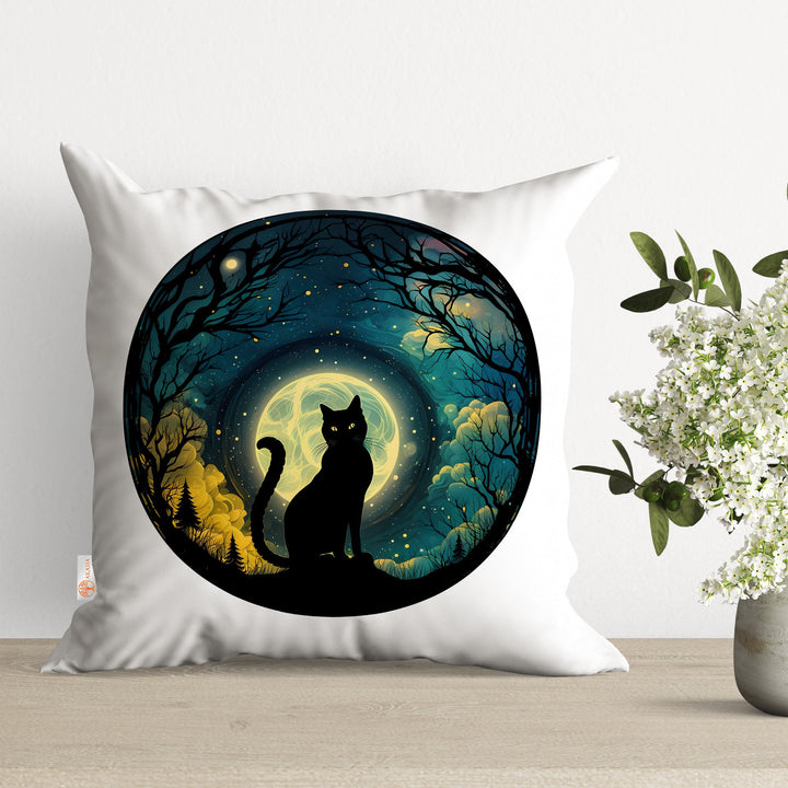 Black Cat Pillow Case|Moon Pillow Cover|Mystic Cushion Case|Animal Pillowtop|Boho Bedding Decor|Outdoor Cushion Cover