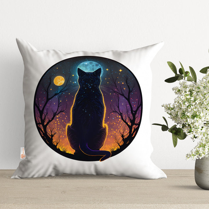 Black Cat Pillow Case|Moon Pillow Cover|Mystic Cushion Case|Animal Pillowtop|Boho Bedding Decor|Outdoor Cushion Cover