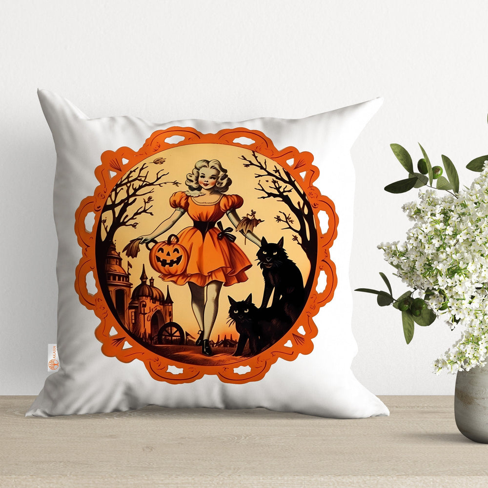 Halloween Pillow Cover|Carved Pumpkin Home Decor|Pretty Girl Pillow Case|Black Cat Pillowcase|Fall Cushion Case|Throw Pillowtop