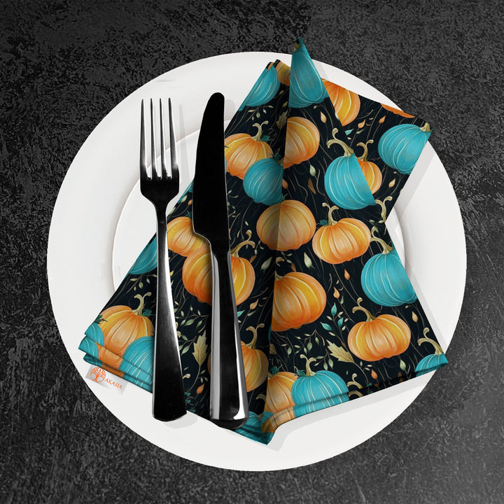 Pumpkin Print Napkin|Orange and Turquoise Pumpkin Napkin|Autumn Handkerchief|Farmhouse Autumn Tableware|Housewarming Fall Napkin