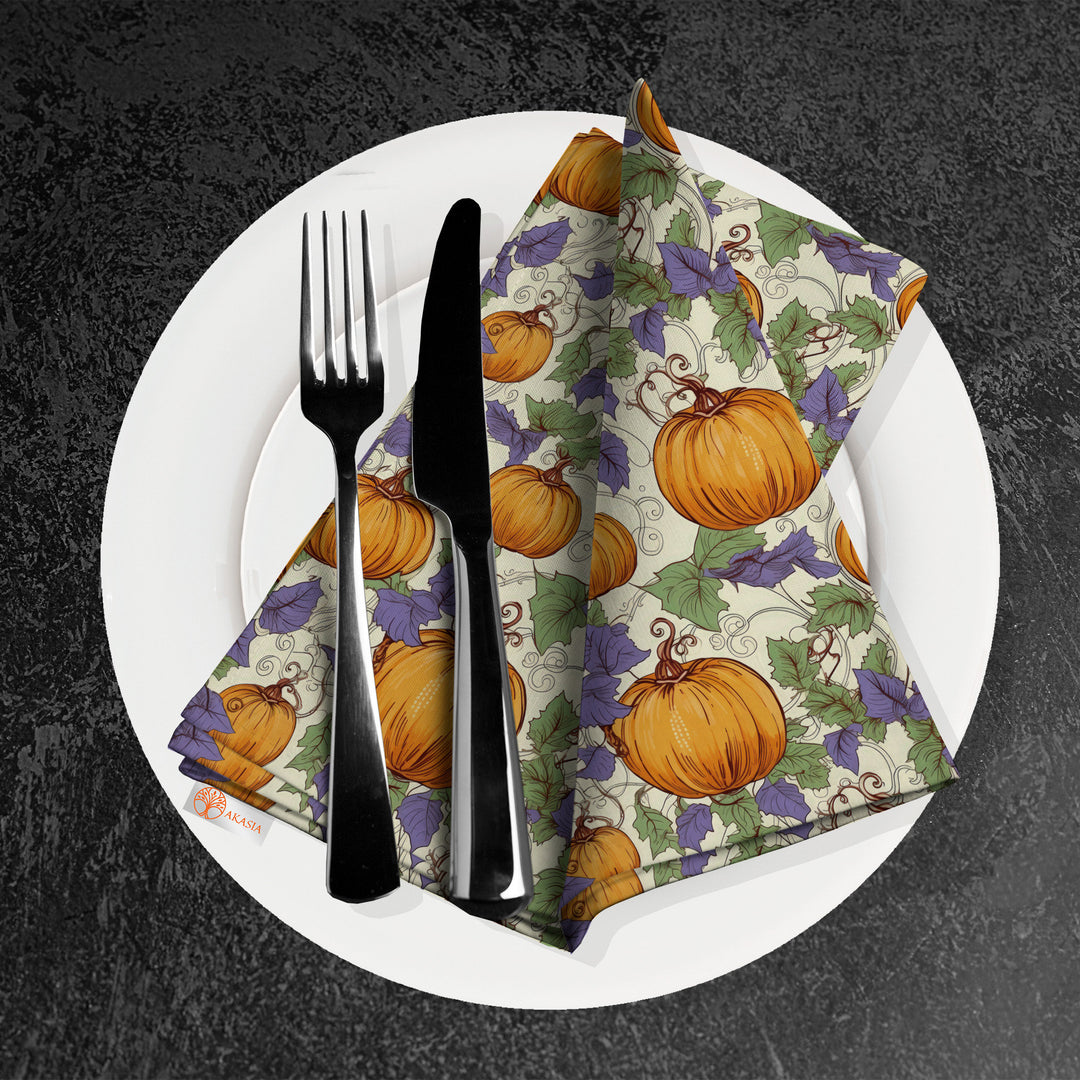 Fall Fabric Napkin|Pumpkin Print Napkin|Dry Leaves Napkin|Autumn Handkerchief|Farmhouse Autumn Tableware|Housewarming Fall Decor