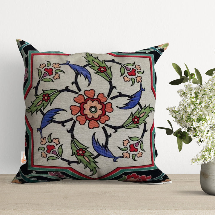 Tapestry Pillow Cover with Floral Geometric Design