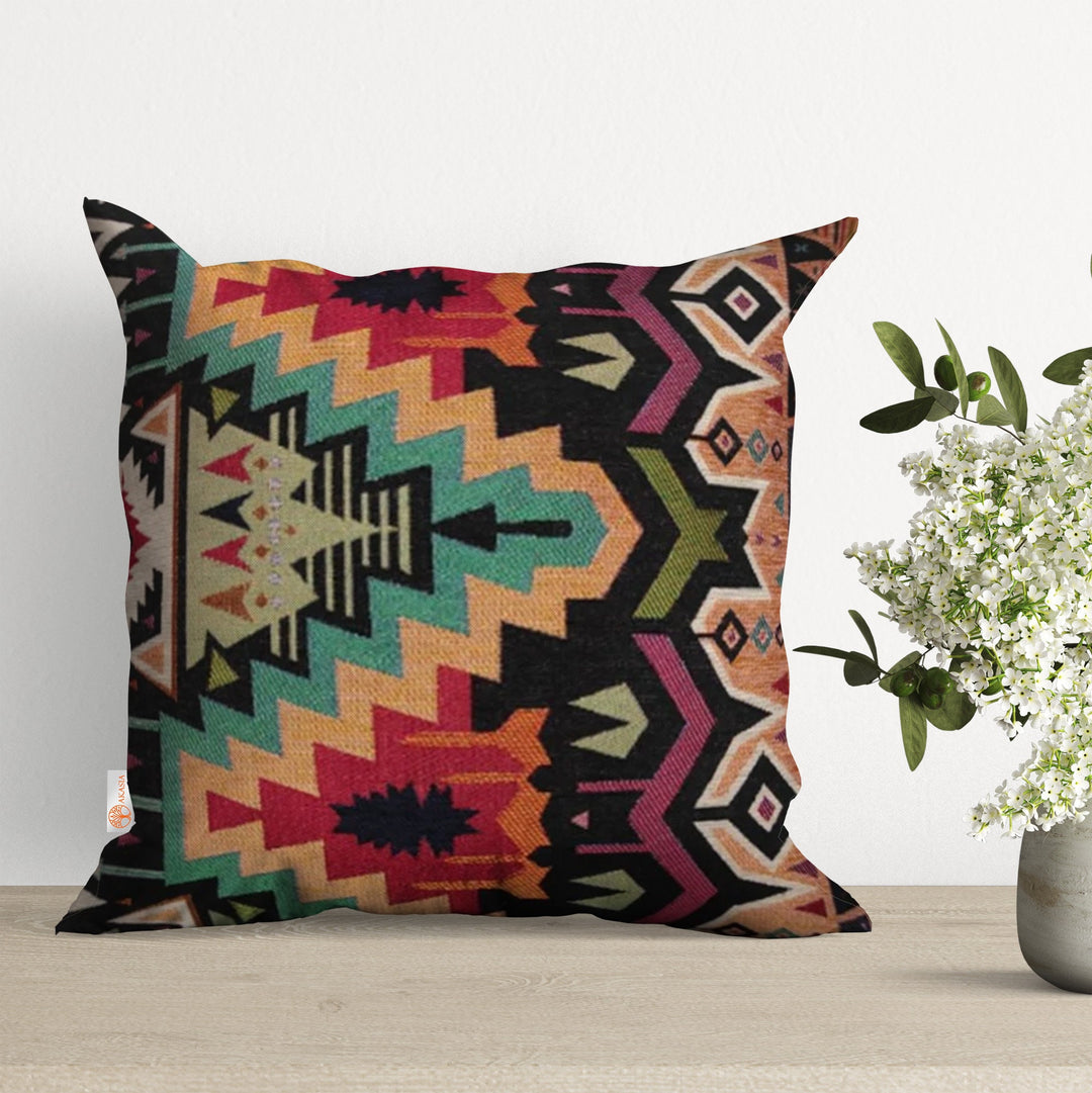 Geometric Kilim Pillow Case with Aztec Print