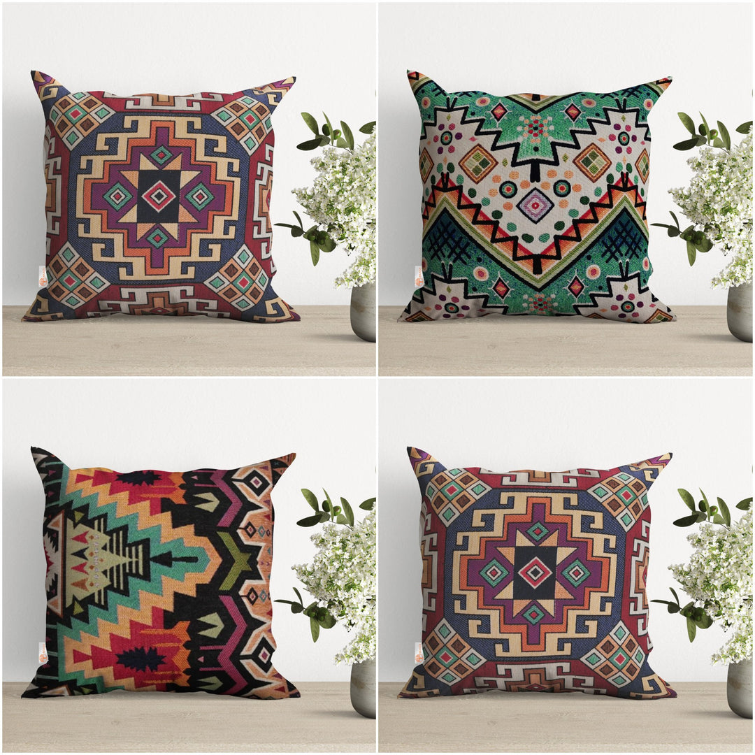 Geometric Kilim Pillow Case with Aztec Print