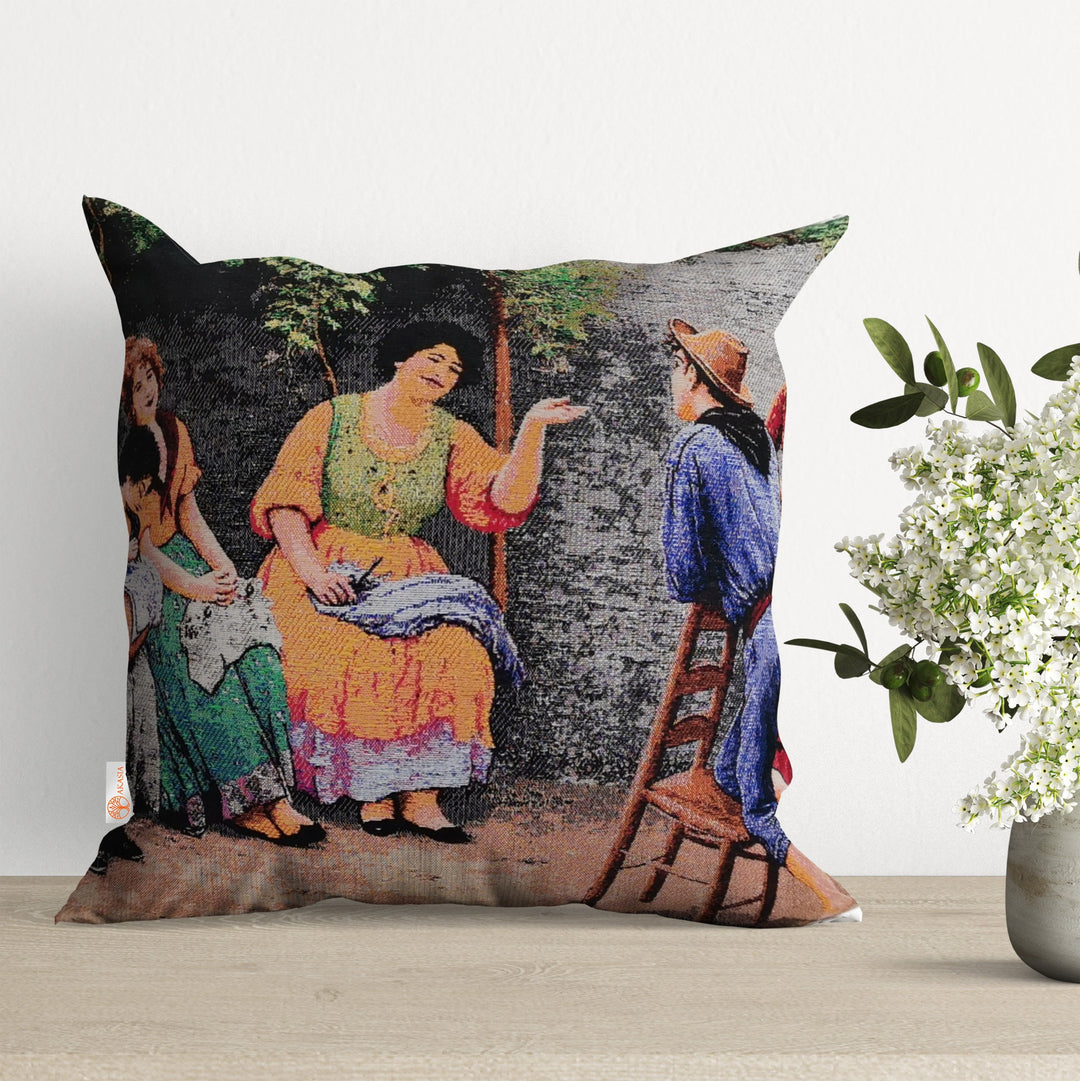 Tapestry Pillow Cover with Farm People