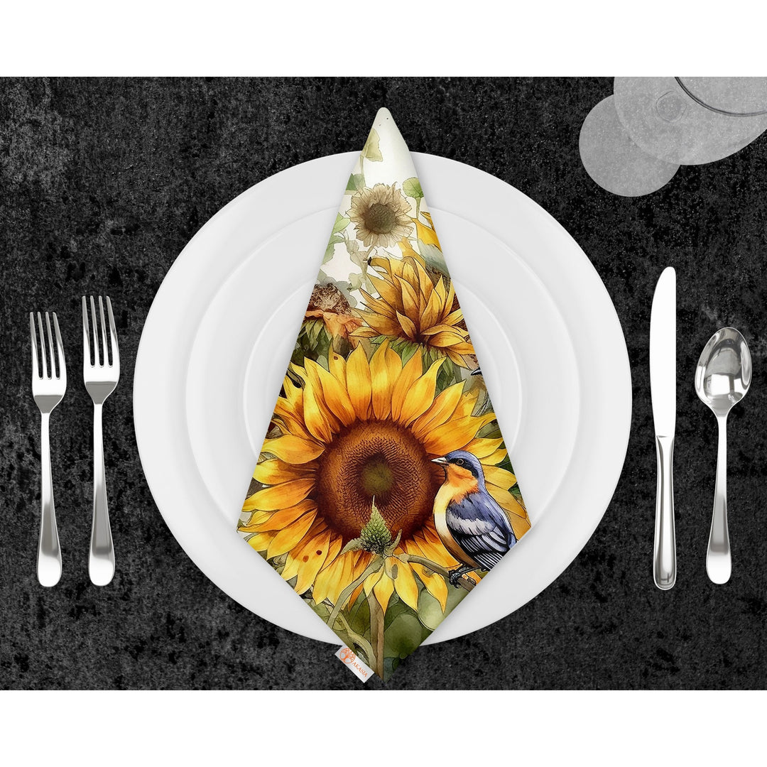 Sunflower Napkin|Fabric Fall Handkerchief|Bird Print Cloth Serviette|Farmhouse Autumn Tableware|Housewarming Napkin|Floral Napkin