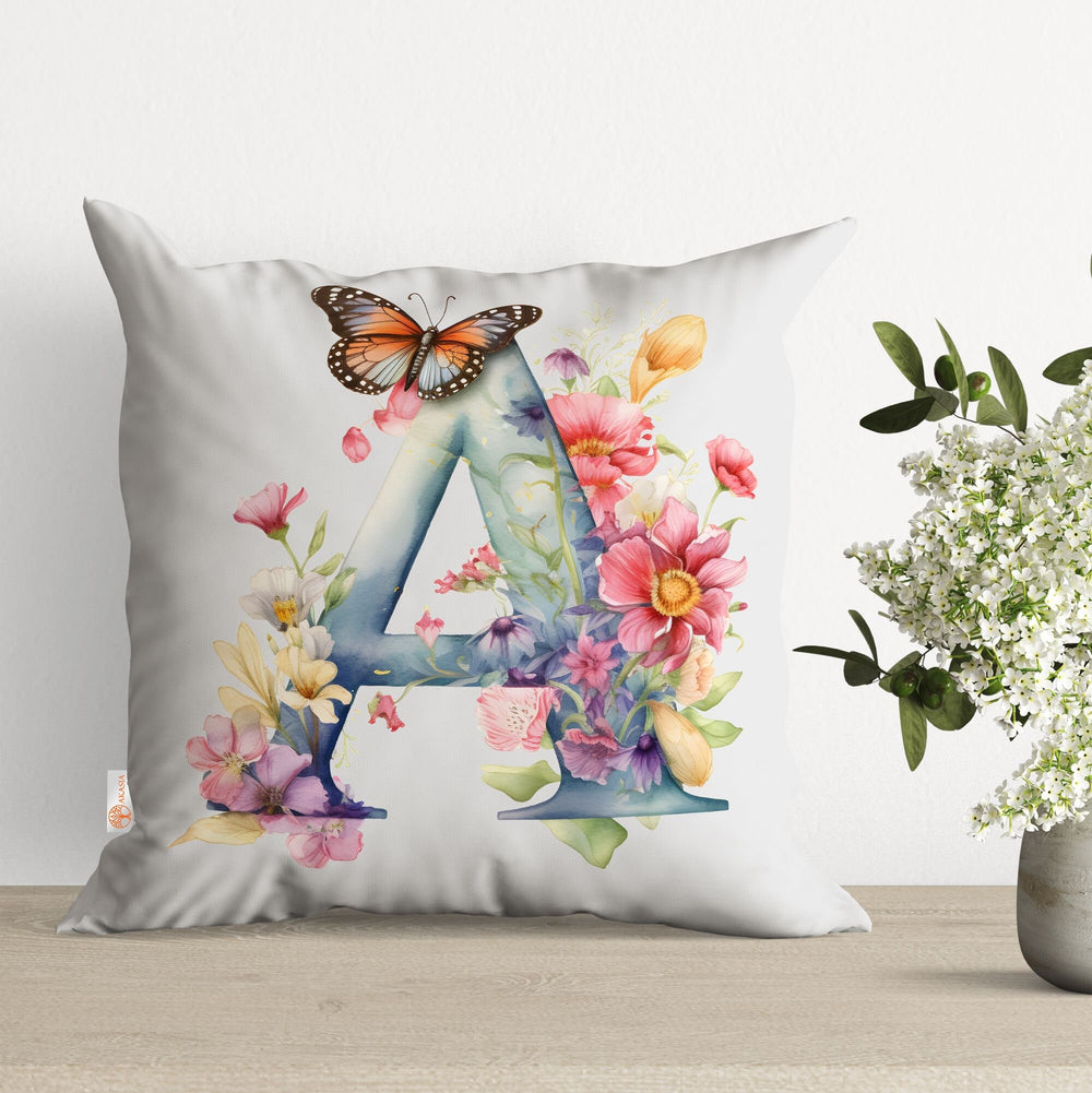 Floral Monogram Pillow Cover|Summer Cushion Case|Name Initials Pillow Top|Monogram Pillowcase|Butterfly Pillowcase|Outdoor Cushion Case