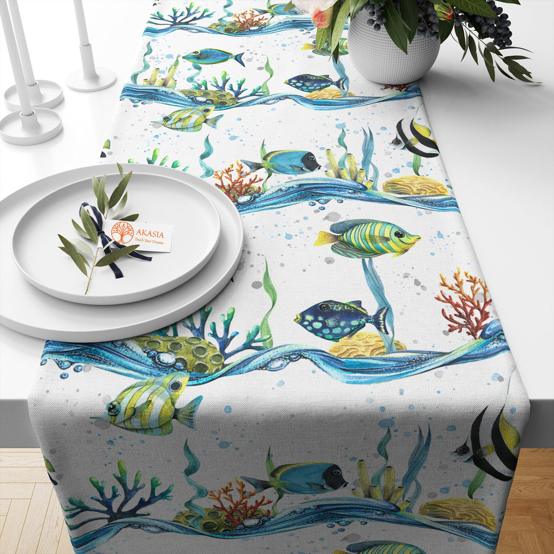 Beach House Runner|Fish Kitchen Decor|Decorative Table Top|Starfish Table Top|Whale Home Decor|Starfish Tablecloth|Coastal Runner