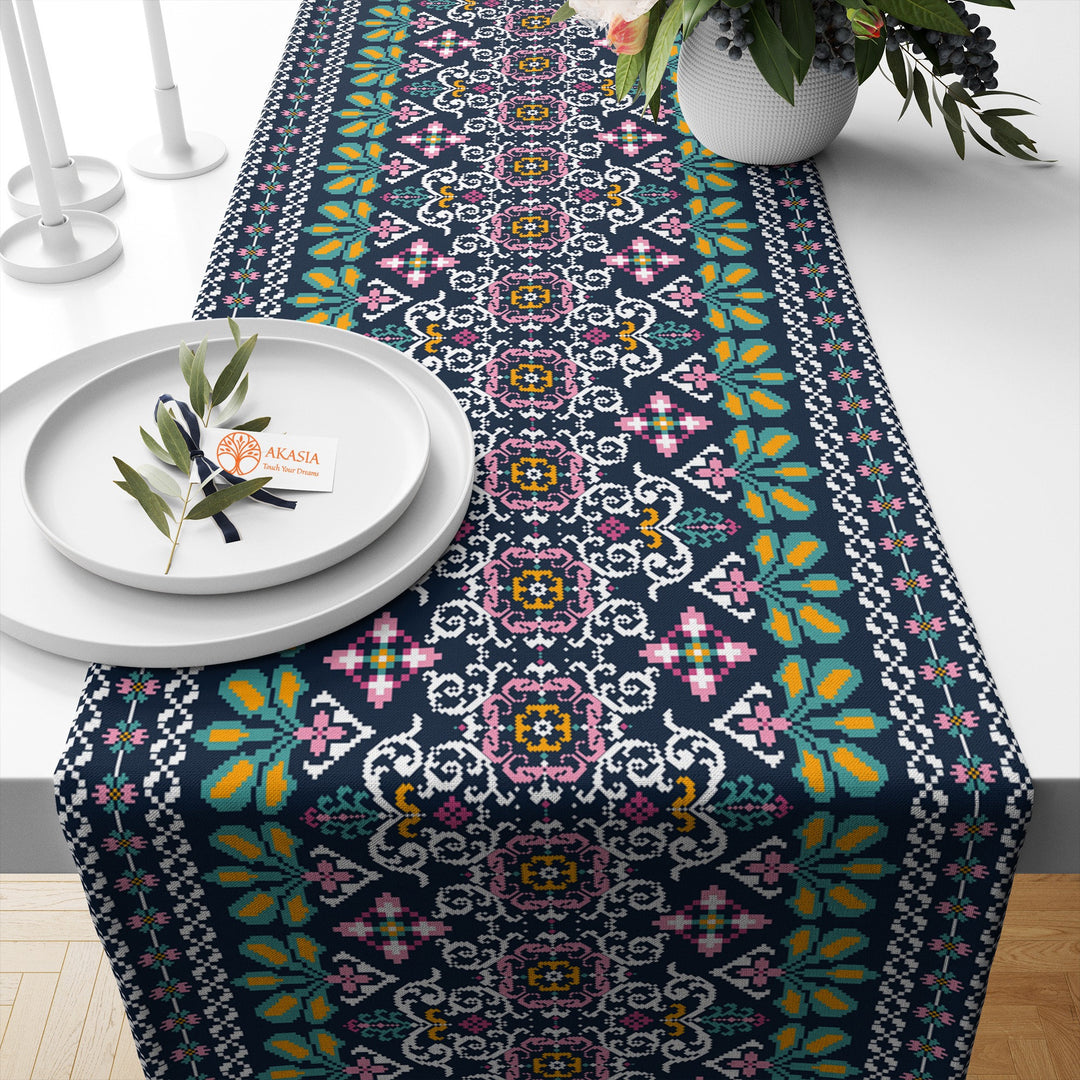 17x70 Ethnic Table Runner|Ethnic Motif Decor|Authentic Table Top|Geometric Tablecloth|Farmhouse Kitchen Tablecloth|Decorative Runner