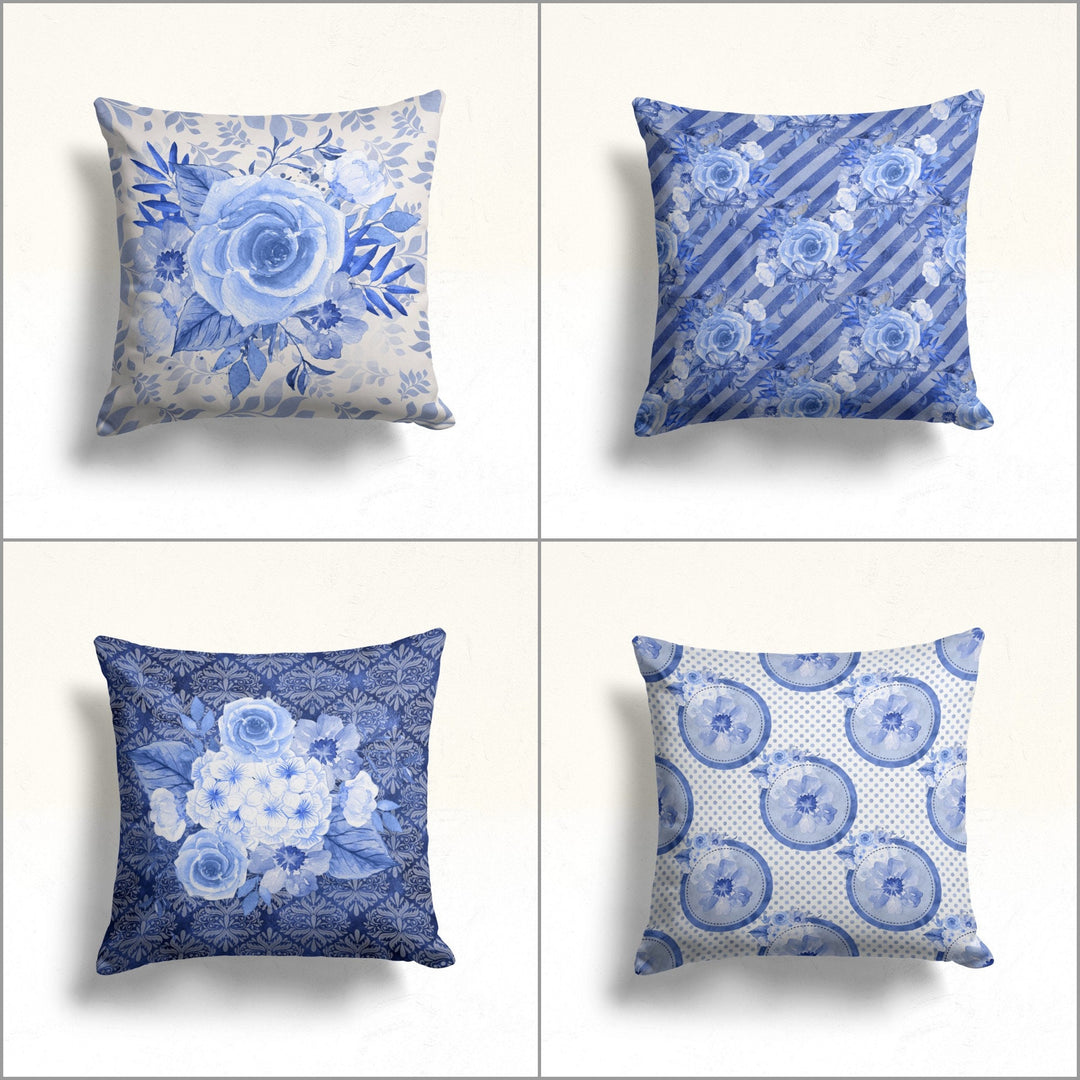 Blue Rose Pillow Case|Floral Porch Decor|Floral Cushion Cover|Farmhouse Cushion Case|Decorative Throw Pillowtop|Boho Bedding Pillow