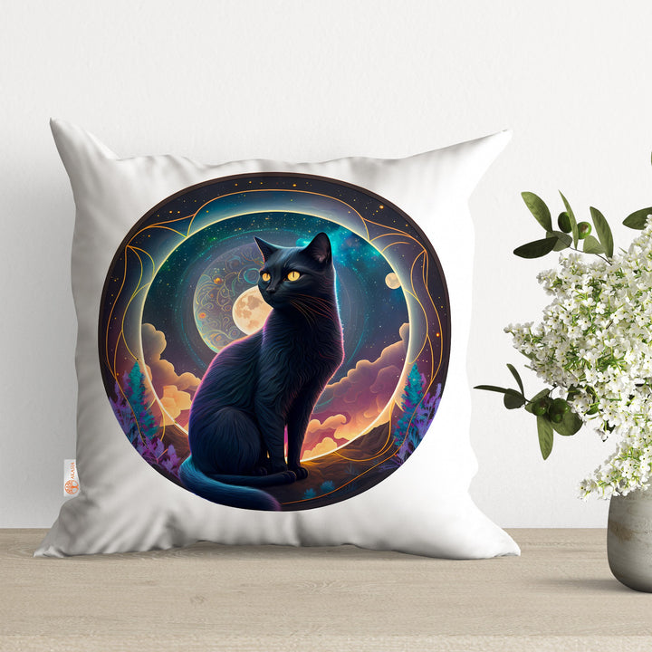 Black Cat Pillow Case|Moon Pillow Cover|Mystic Cushion Case|Animal Pillowtop|Boho Bedding Decor|Outdoor Cushion Cover