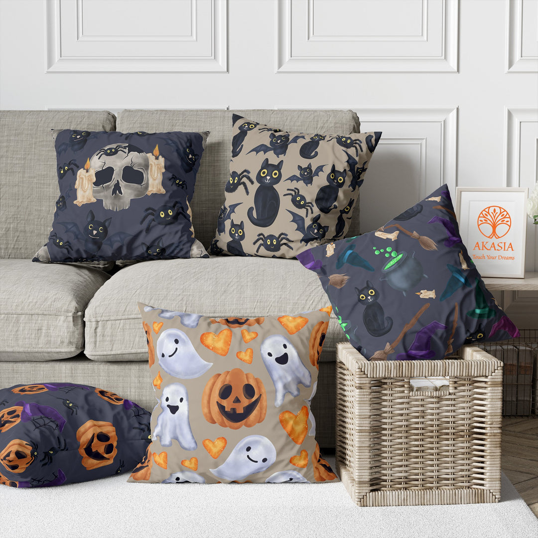 Halloween Pillow Case|Carved Pumpkin and Skull Pillow Cover|Ghost Pillowcase|Black Cat Cushion Case|Throw Pillowtop