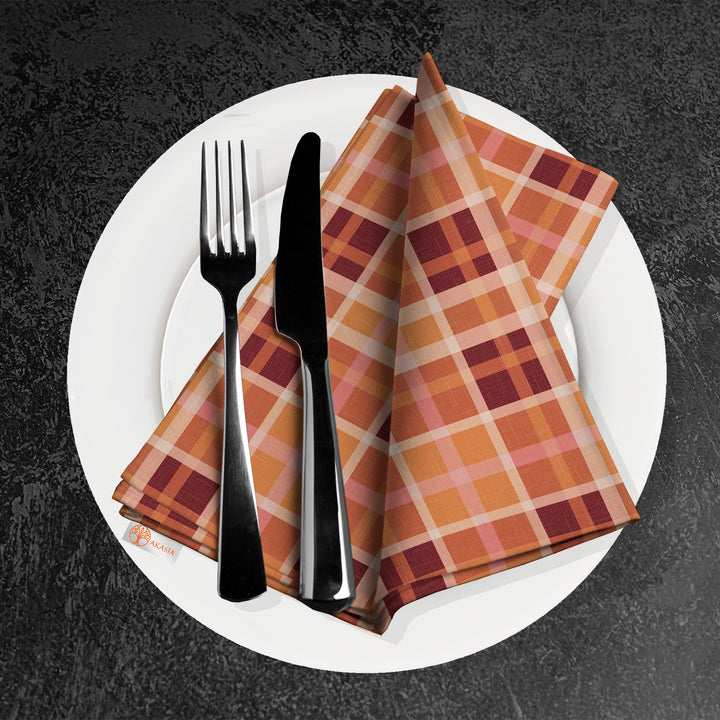 Plaid Fabric Napkin|Checkered Napkin|Geometric Cloth Serviette|Orange Kitchen Decor|Plaid Handkerchief|Farmhouse Table|Reusable Tableware