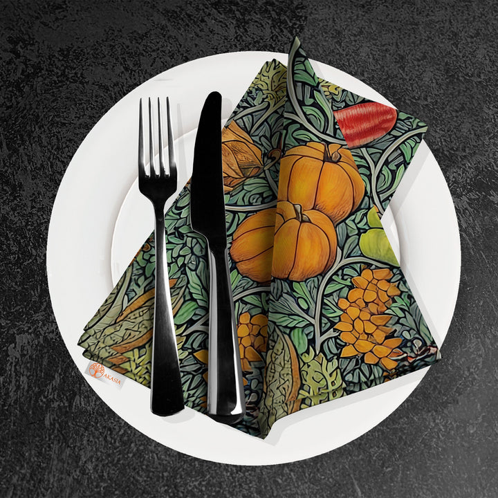 Fall Fabric Napkin|Pumpkin Print Napkin|Autumn Handkerchief|Mushroom Napkin|Farmhouse Autumn Tableware|Housewarming Floral Napkin