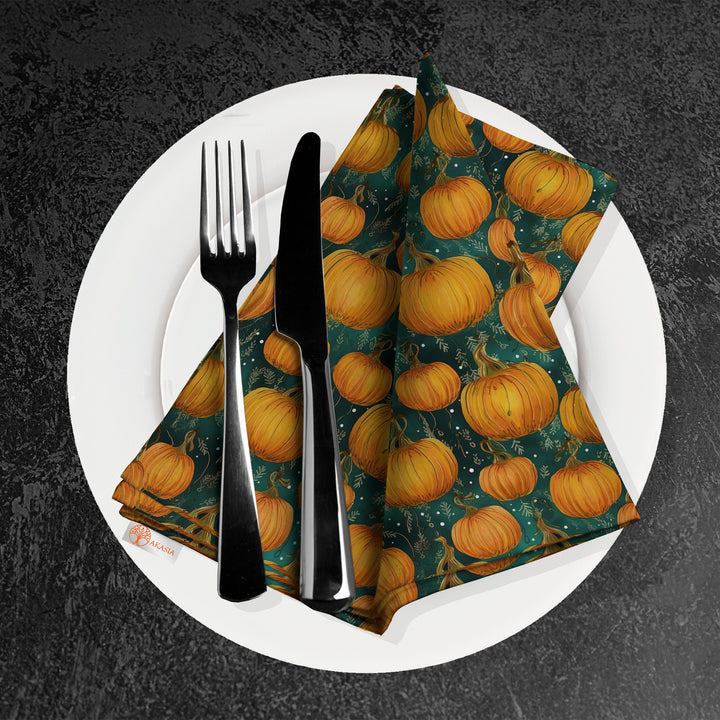 Pumpkin Print Napkin|Orange and Turquoise Pumpkin Napkin|Autumn Handkerchief|Farmhouse Autumn Tableware|Housewarming Fall Napkin