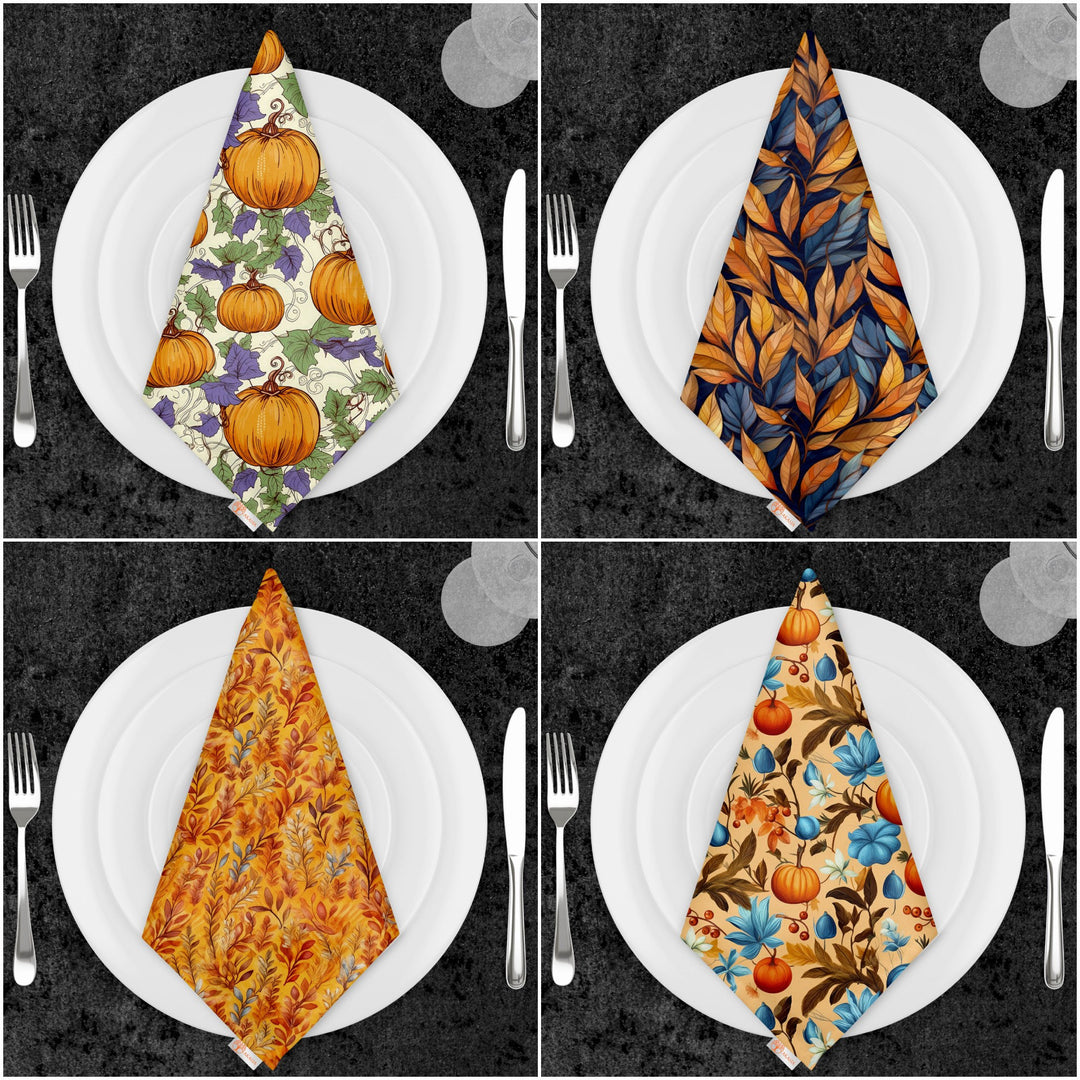 Fall Fabric Napkin|Pumpkin Print Napkin|Dry Leaves Napkin|Autumn Handkerchief|Farmhouse Autumn Tableware|Housewarming Fall Decor