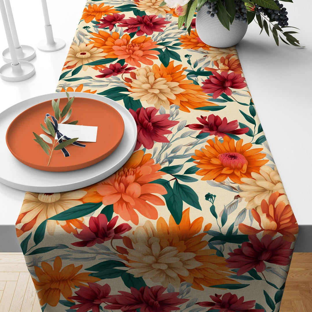 Floral Fall Table Runner|Flower Drawing Tablecloth|Leaf and Flower Print Table Decor|Farmhouse Style Tabletop|Housewarming Fall Home Decor