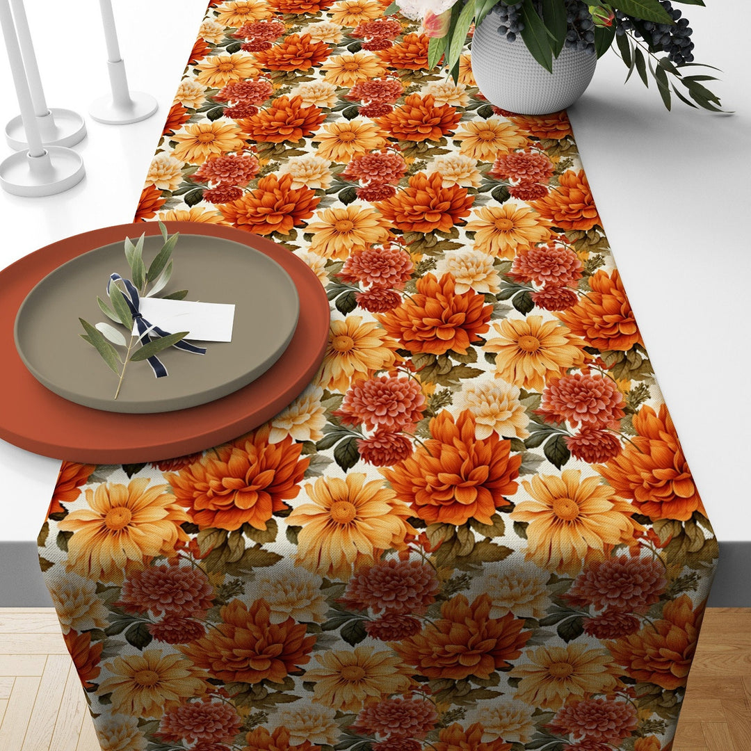 Floral Fall Table Runner|Flower Drawing Tablecloth|Leaf and Flower Print Table Decor|Farmhouse Style Tabletop|Housewarming Fall Home Decor