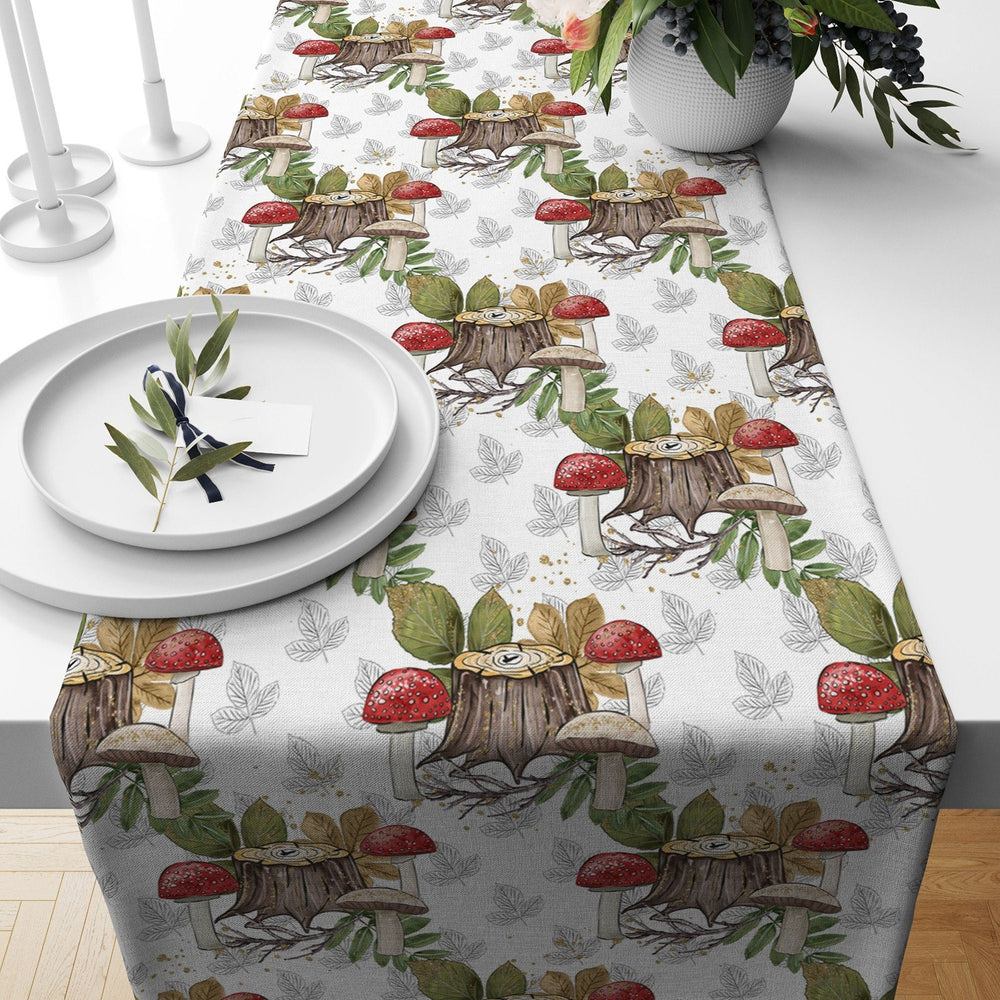 Fall Trend Table Runner|Mushroom Tablecloth|Leaf Print Table Decor|Farmhouse Style Tabletop|Housewarming Thanksgiving Decor