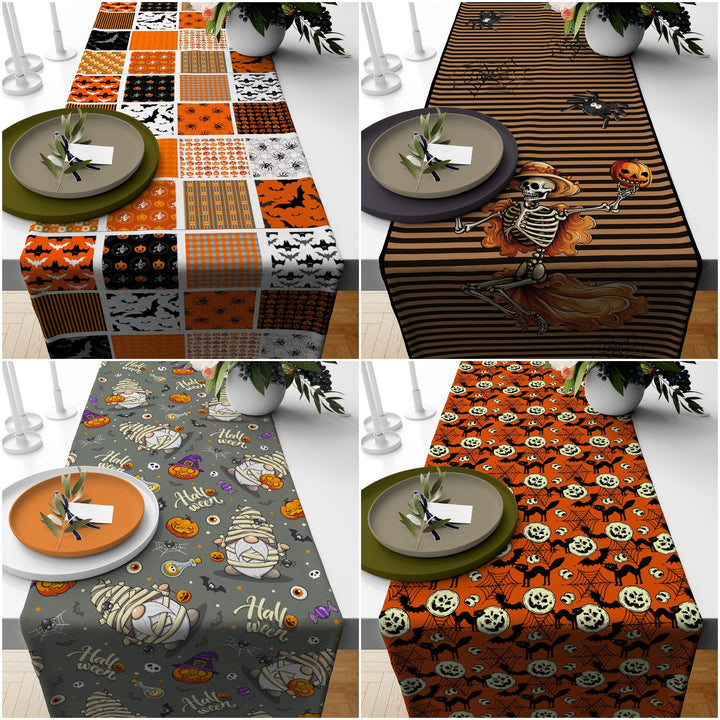 Skeleton Print Runner|Halloween Table Runner|Patchwork Runner|Black Cat Tabletop|Halloween Home Decor|Carved Pumpkin Print Table Runner