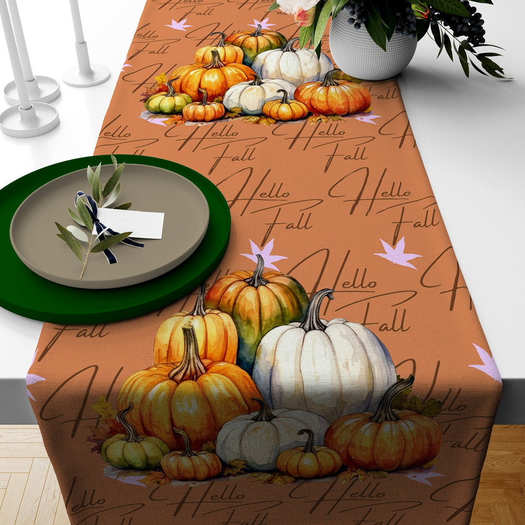 Fall Table Runner|Pumpkin Tablecloth|Floral Table Decor|Farmhouse Style Tabletop|Housewarming Fall Home Decor|Thanksgiving Runner