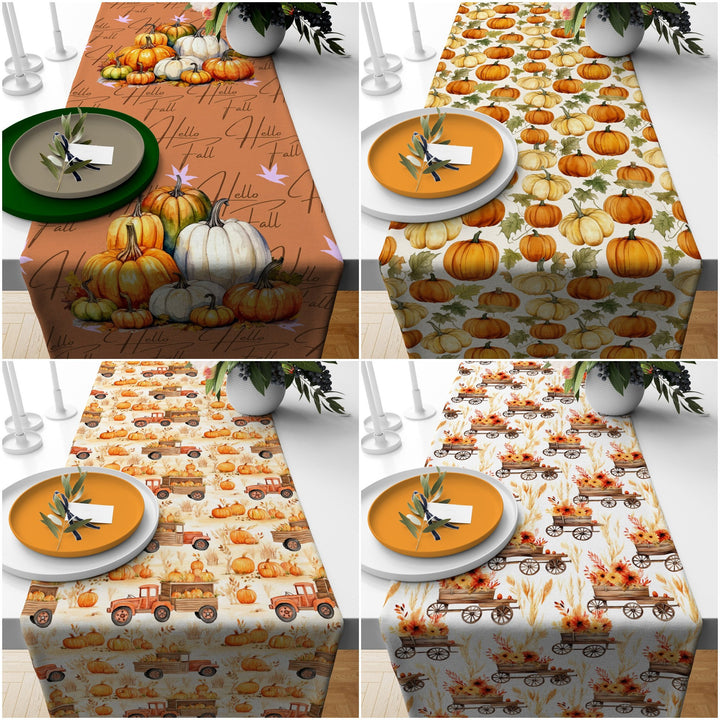 Fall Table Runner|Pumpkin Tablecloth|Floral Table Decor|Farmhouse Style Tabletop|Housewarming Fall Home Decor|Thanksgiving Runner