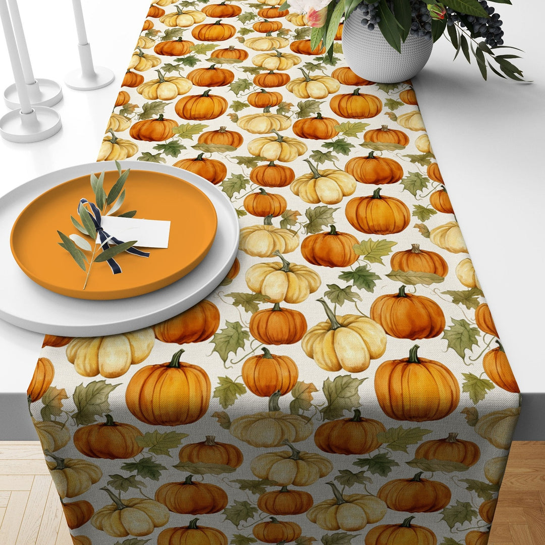 Fall Table Runner|Pumpkin Tablecloth|Floral Table Decor|Farmhouse Style Tabletop|Housewarming Fall Home Decor|Thanksgiving Runner