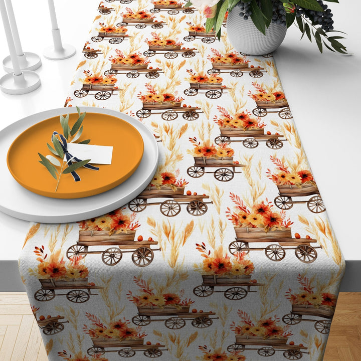 Fall Table Runner|Pumpkin Tablecloth|Floral Table Decor|Farmhouse Style Tabletop|Housewarming Fall Home Decor|Thanksgiving Runner