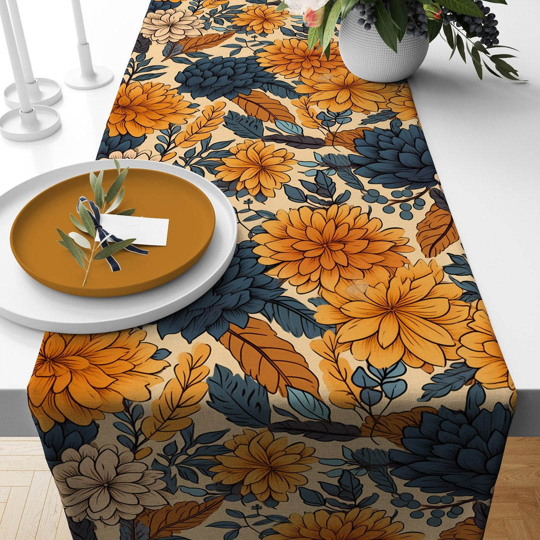 Floral Fall Table Runner|Flower Drawing Tablecloth|Leaf and Flower Print Table Decor|Farmhouse Style Tabletop|Housewarming Fall Home Decor