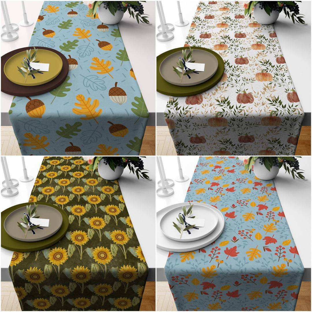 Fall Trend Table Runner|Acorn Drawing Tablecloth|Leaf and Acorn Print Table Decor|Farmhouse Style Tabletop|Sunflower Autumn Home Decor