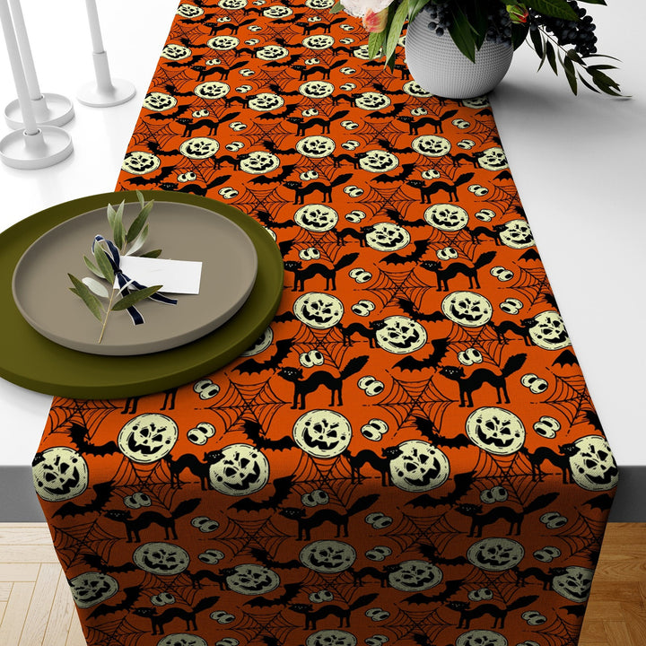 Skeleton Print Runner|Halloween Table Runner|Patchwork Runner|Black Cat Tabletop|Halloween Home Decor|Carved Pumpkin Print Table Runner