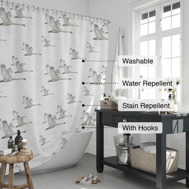 Swan Shower Curtain|Water and Stain Repellent Bathroom Curtain|Fabric Shower Drapes for Bathroom with Hooks|Waterproof Animal Curtain