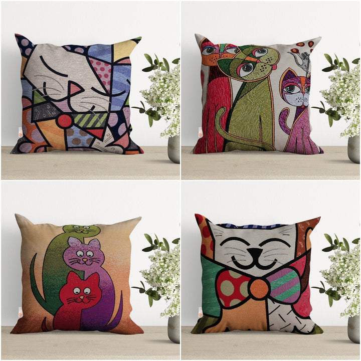 Cute Cats Pillow Cover|Decorative Gobelin Tapestry Pillowcase|Authentic Woven Throw Pillow Top|Outdoor Cushion Case|Colorful Cat Home Decor