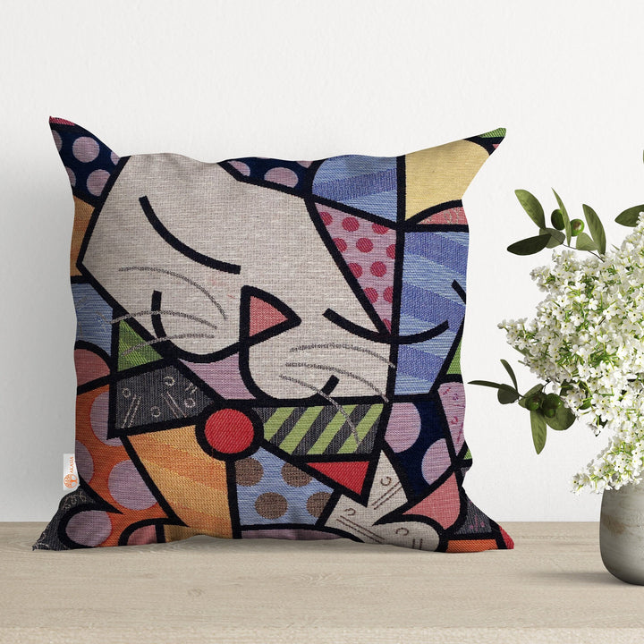 Cute Cats Pillow Cover|Decorative Gobelin Tapestry Pillowcase|Authentic Woven Throw Pillow Top|Outdoor Cushion Case|Colorful Cat Home Decor