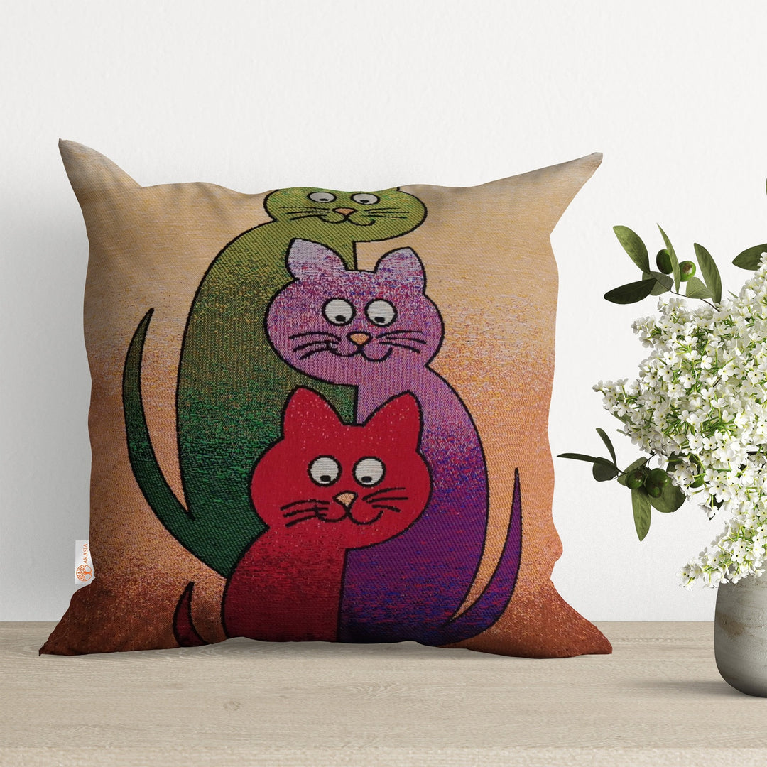 Cute Cats Pillow Cover|Decorative Gobelin Tapestry Pillowcase|Authentic Woven Throw Pillow Top|Outdoor Cushion Case|Colorful Cat Home Decor