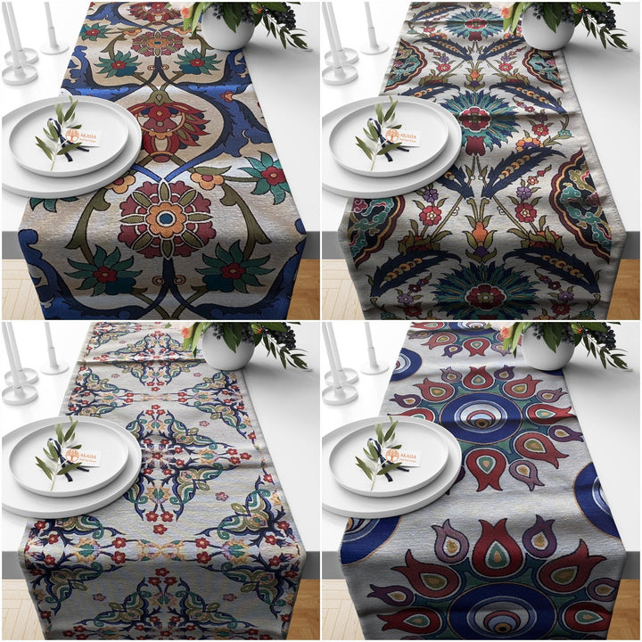 Tile Pattern Table Runner|Turkish Tulip Tile Pattern Tapestry Fabric Runner|Authentic Gobelin Decor|Rug Design Table Decor|Floral Tablecloth