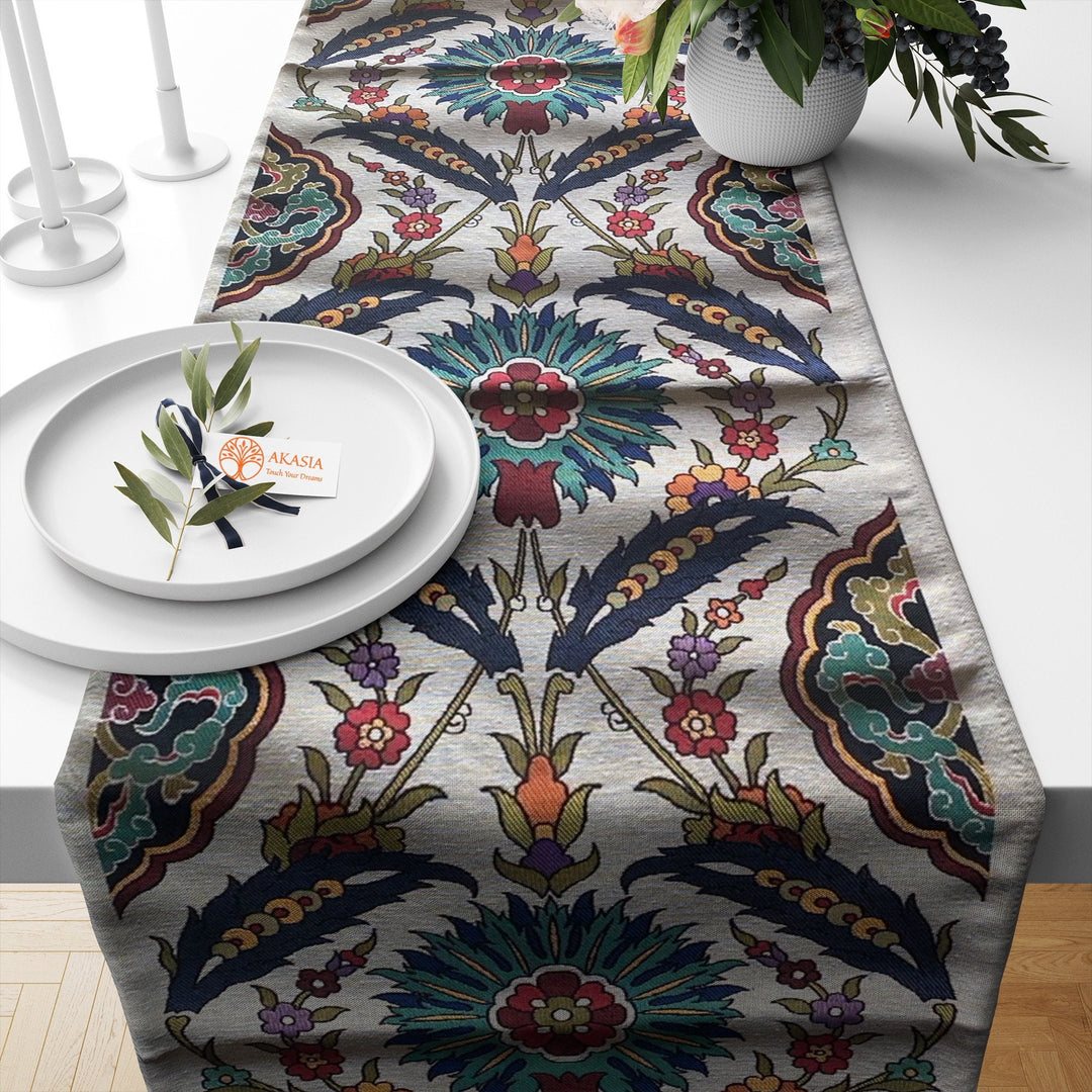 Tile Pattern Table Runner|Turkish Tulip Tile Pattern Tapestry Fabric Runner|Authentic Gobelin Decor|Rug Design Table Decor|Floral Tablecloth