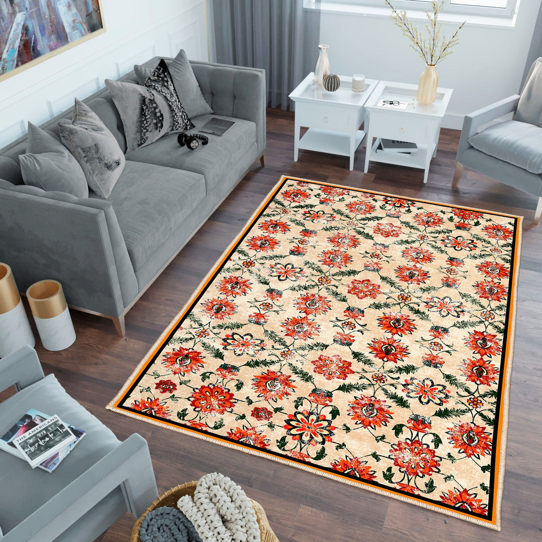 Rustic Floral Area Rug|Farmhouse Carpet|Machine-Washable Non-Slip Rug|Ethnic Anti-Slip Housewarming Carpet|Floral Floor Rug