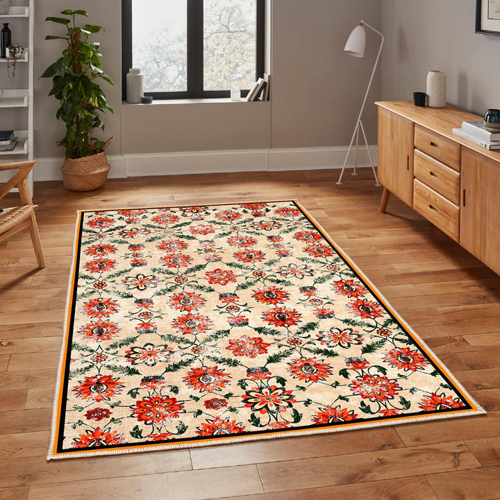 Rustic Floral Area Rug|Farmhouse Carpet|Machine-Washable Non-Slip Rug|Ethnic Anti-Slip Housewarming Carpet|Floral Floor Rug