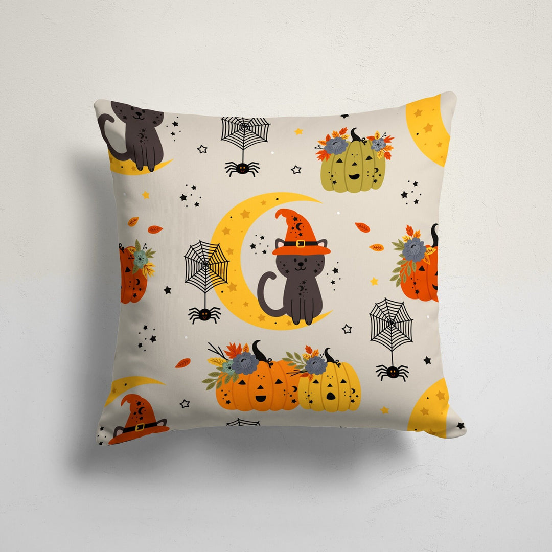 Halloween Pillow Case|Scary Cushion Case|Fall Trend Pillowcase|Carved Pumpkin with Witch Hat Throw Pillow Top|Autumn Cushion Case