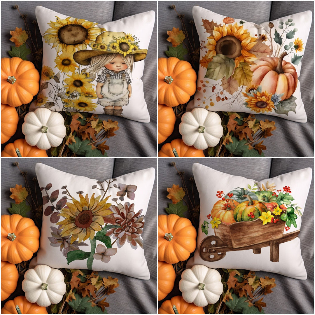 Boho Autumn Throw Pillowtop|Wheelbarrow Pillow Case|Cute Girl Cushion Cover|Sunflower Cushion Case|Red Berries Pillow Cover|Cozy Fall Pillow